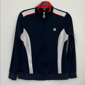Vintage Fila Navy and White Zip-Up Track Jacket with Neon Orange Trim Size M